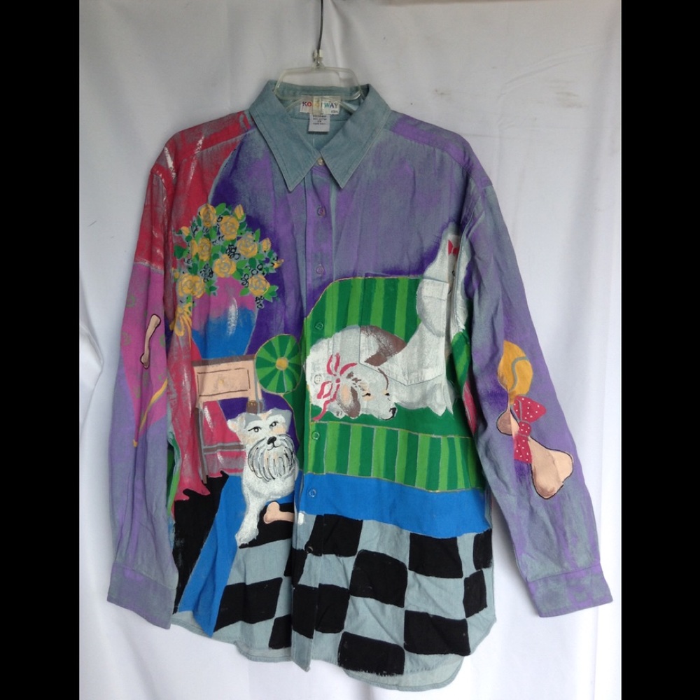 2X NWOT hand painted dog denim shirt jacket